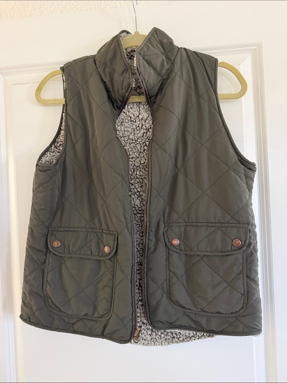 Quilted Olive Green Sherpa Vest with Front Pockets - Reversible